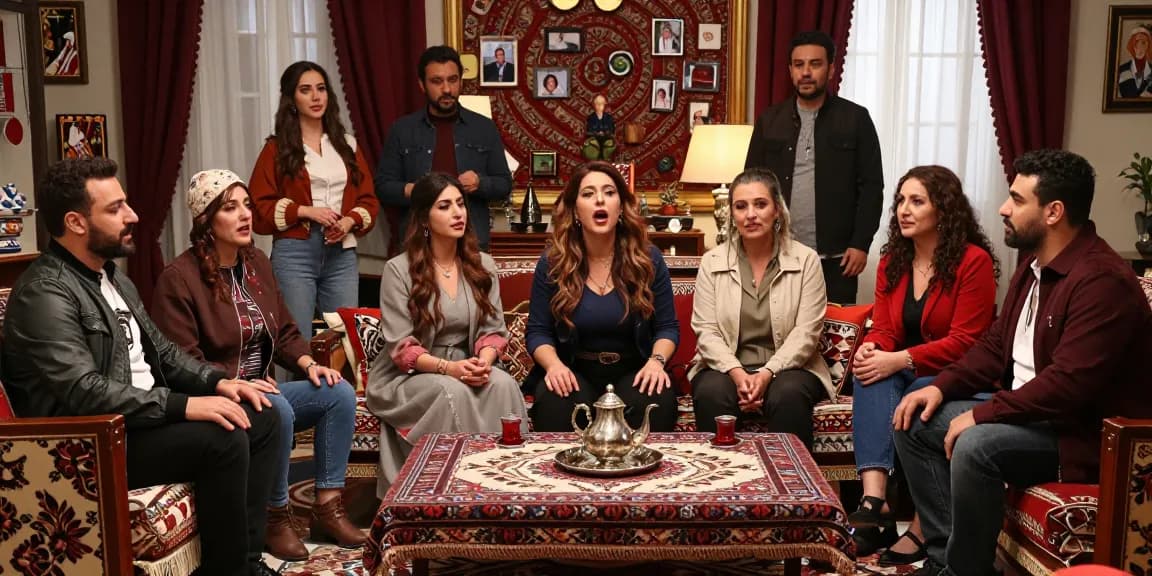 Vivid scene from a مسلسلات تركية, capturing actors in an emotional performance setting with rich decor and warm lighting.