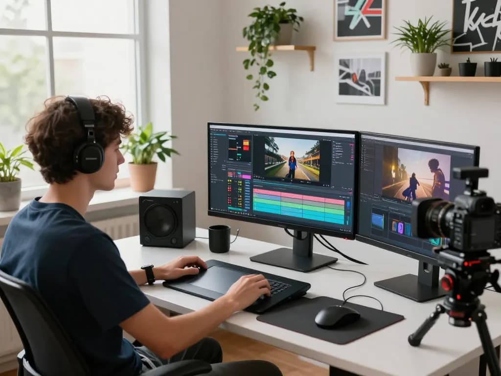 Kling motion software interface displayed on a digital workstation as a creator edits AI-generated videos in a focused tech studio environment.