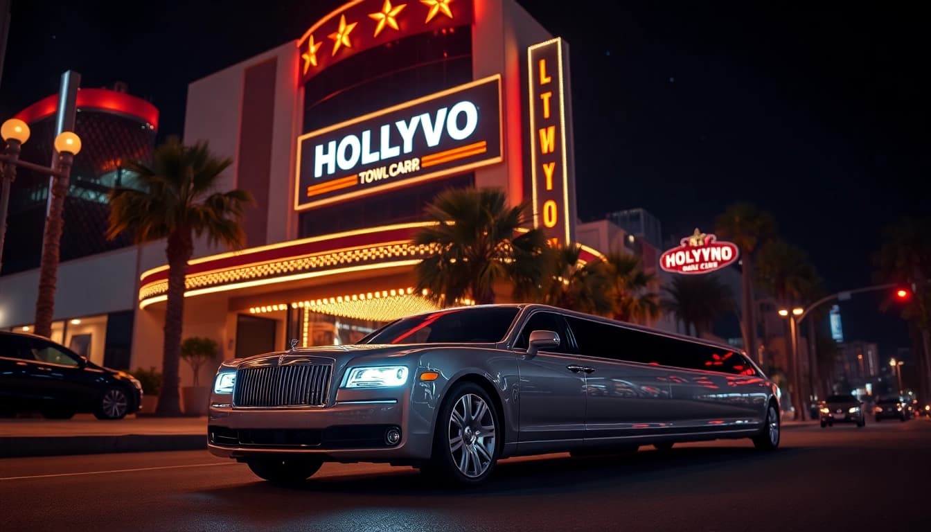 Hollywood Town Car and Limousine parked at a glamorous LA venue, showcasing luxury and elegance.