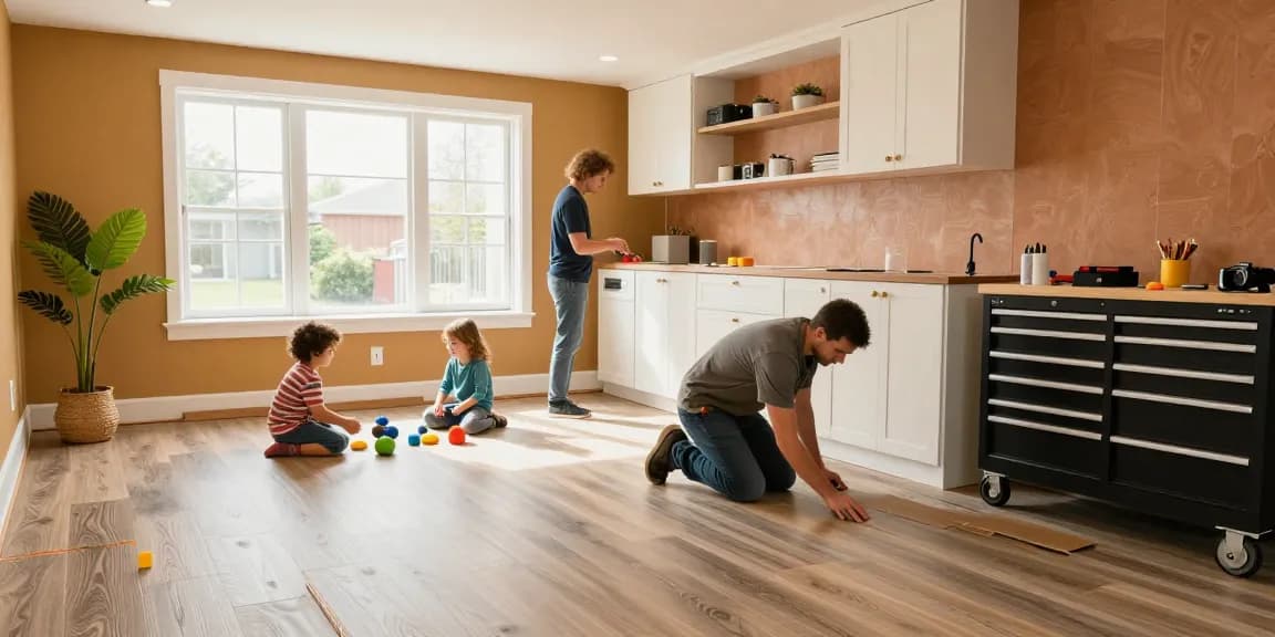 Bright Oakville basement renovation with a contractor installing vinyl flooring while a family inspects the stylish decor in the new space.