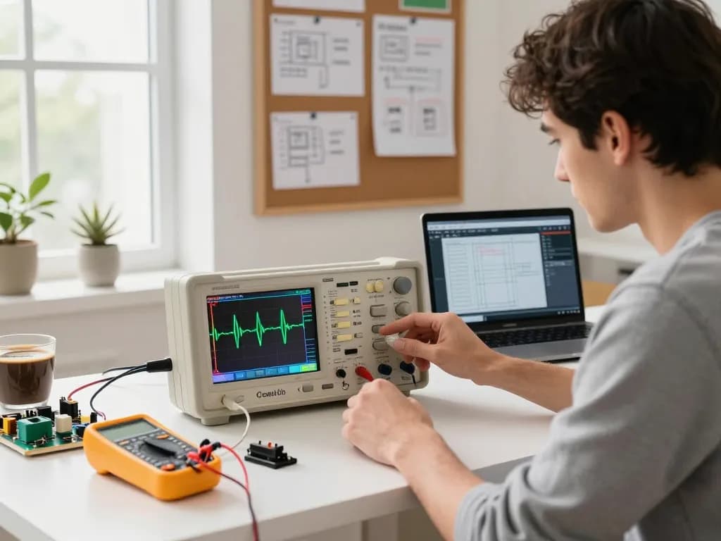 Beginner-friendly oscilloscope in a modern workspace, showcasing tools and projects for electronics.