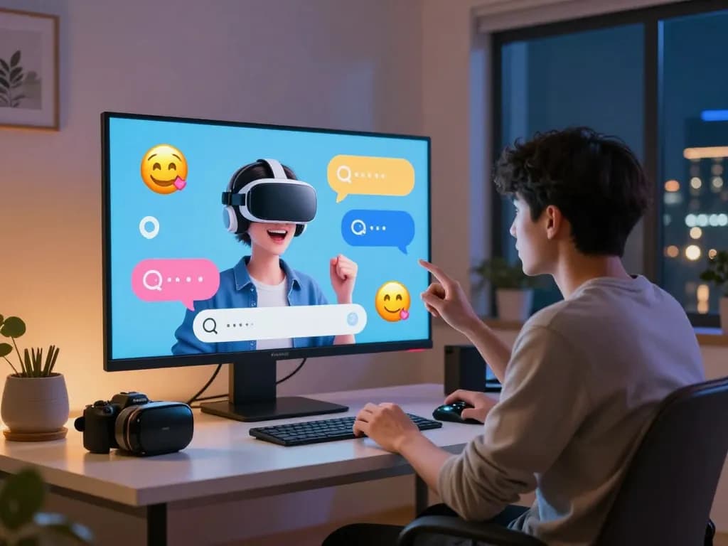 Engaging user exploring porn ai chat with vibrant digital interface in cozy room.