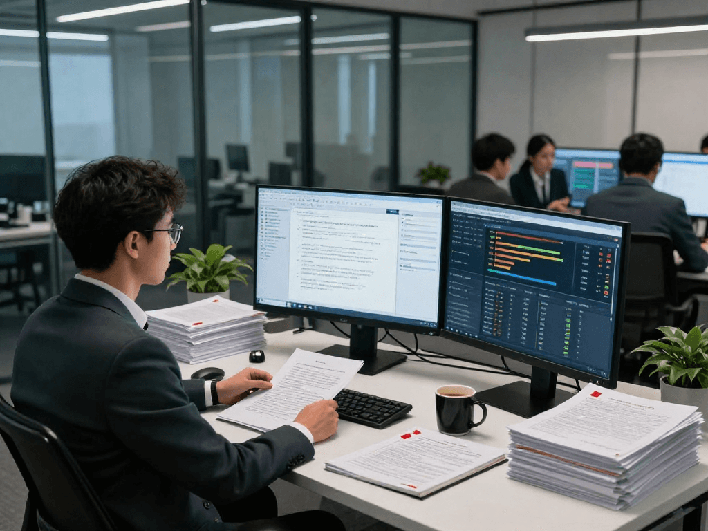 Data analyst performing document fraud detection analysis with advanced software in a modern office.