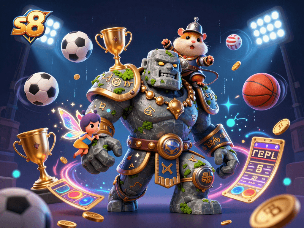 Engage in thrilling gambling with s8, featuring a golem and knight amidst dynamic sports elements.