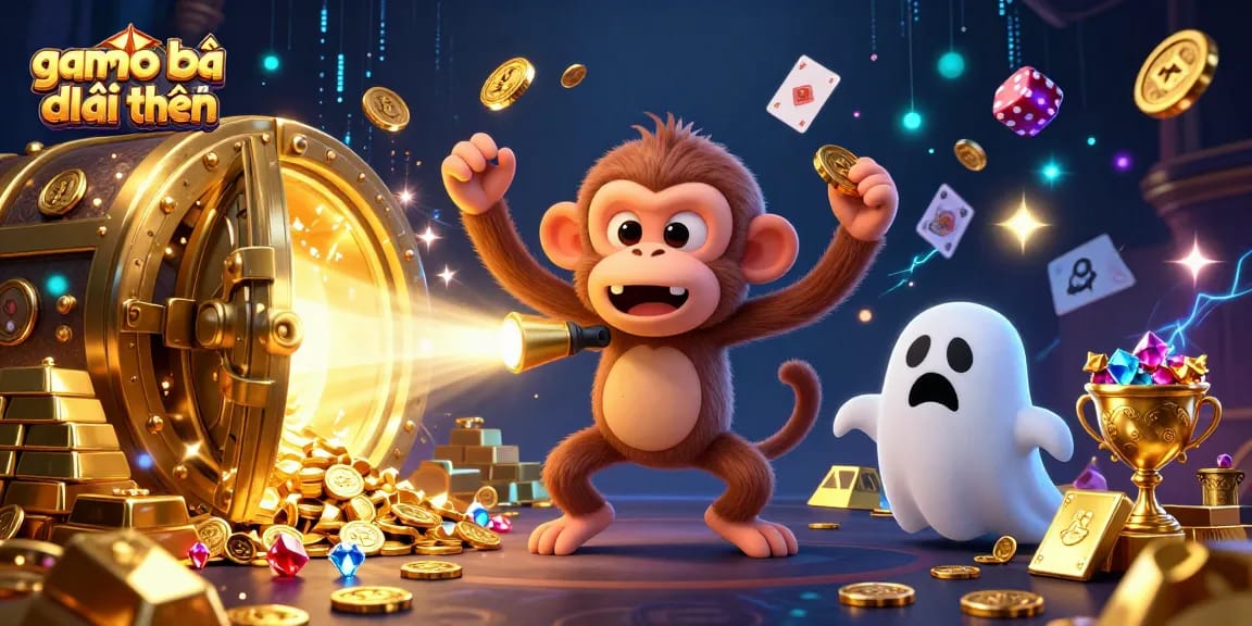 Experience the thrill of game đánh bài đổi thưởng in this immersive casino scene featuring a mischievous monkey and ghost-hunter puppy.