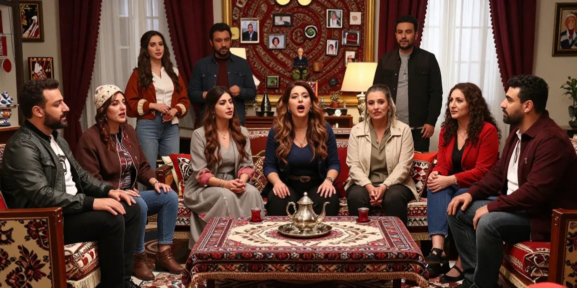 Vivid scene from a مسلسلات تركية, capturing actors in an emotional performance setting with rich decor and warm lighting.
