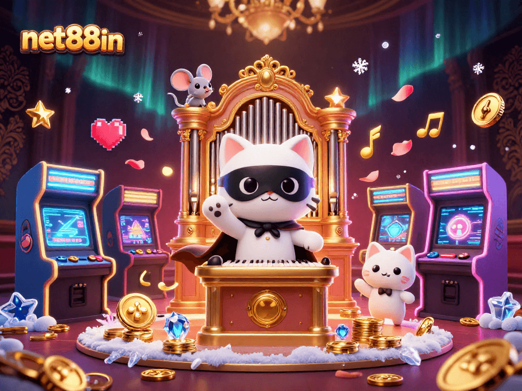 Engage with net88in's vibrant casino magic featuring a whimsical cat at the organ.