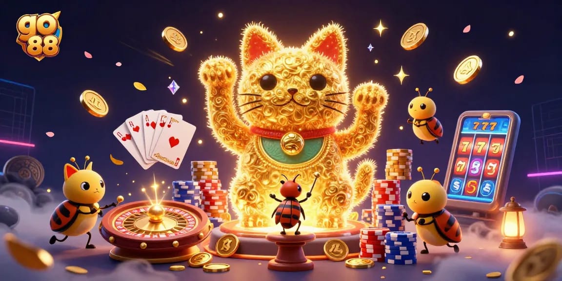 Experience exciting wins with the go 88 slot scene featuring golden fireflies and casino elements.