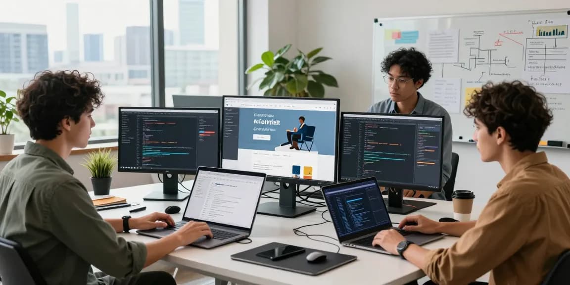 Web developer in Gorakhpur collaborating in a modern workspace with dynamic designs and coding.