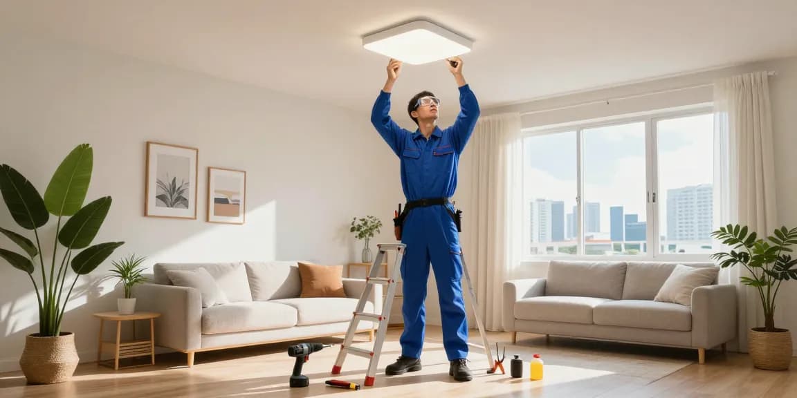 Electrician in Singapore installing ceiling light fixture in a modern home setting