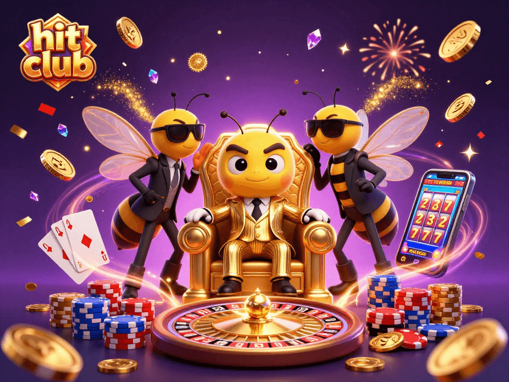 Hit club features a bumblebee mob boss and casino elements in an energetic 3D illustration.