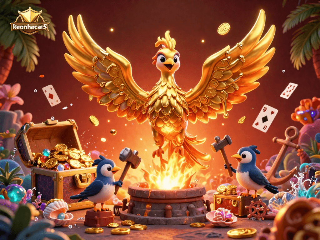 Engage with the golden phoenix of keonhacai5 amidst dazzling casino treasures and vibrant gaming elements.