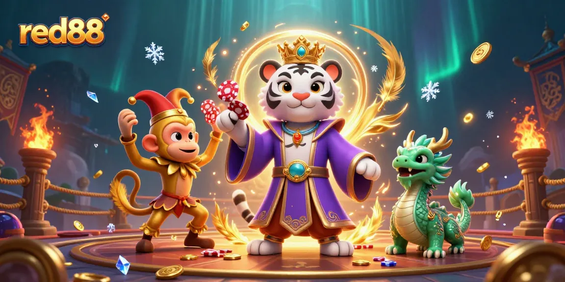 Join the adventure with red88 as characters celebrate casino fun surrounded by gold coins and vibrant elements.