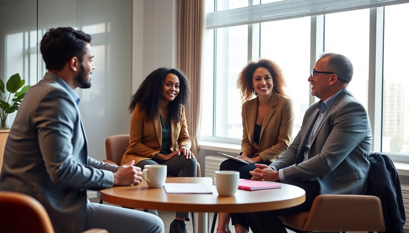 Engaging career coaching session with a professional guide and diverse clients at a bright office.