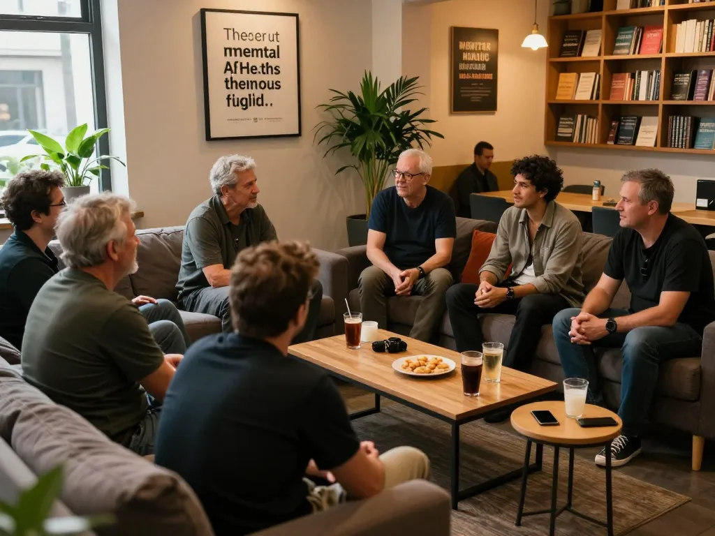 Men engaged in meaningful discussions at a man club gathering, promoting mental health awareness in a cozy lounge setting.