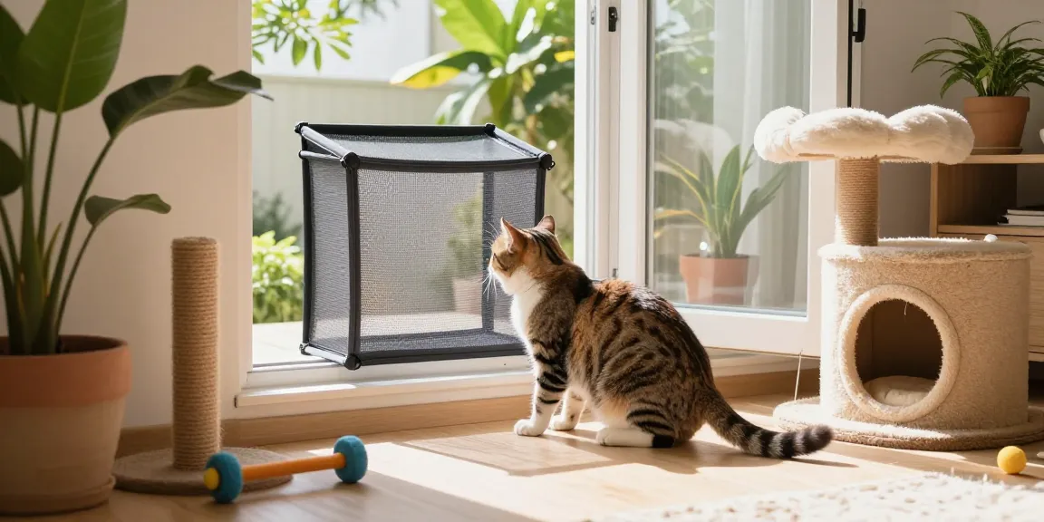Durable kedi sineklik protecting playful cat in bright living room.