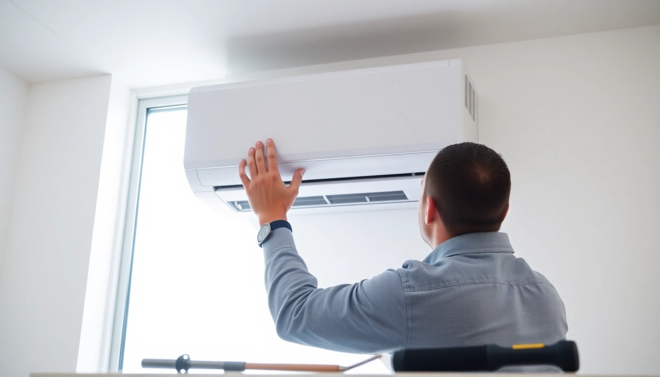 Technician installing a mitsubishi mini split ac in a bright, modern home environment.