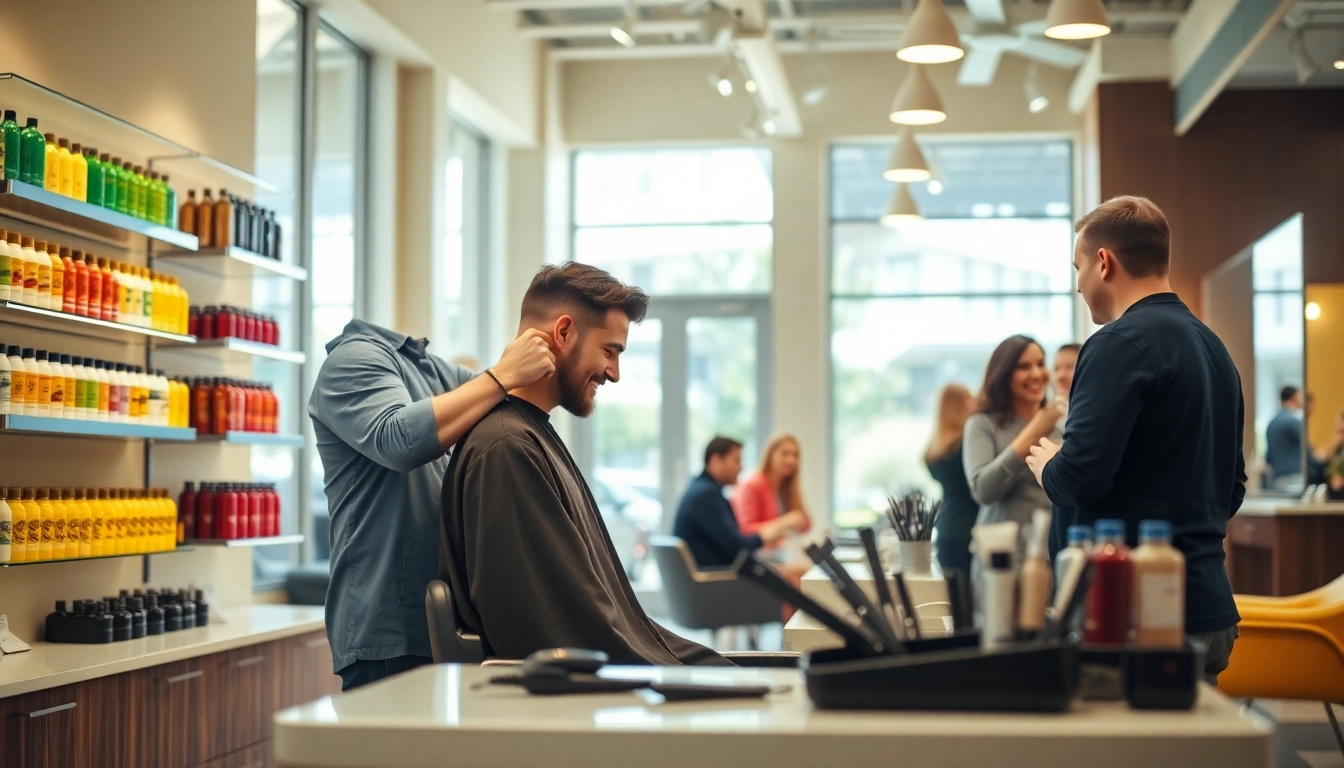 Haircut near me: a welcoming salon interior with a barber cutting hair, showcasing a friendly atmosphere.