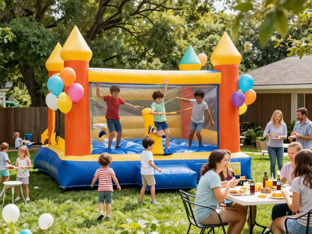 Children enjoying a colorful inflatable bounce house at a family backyard party.