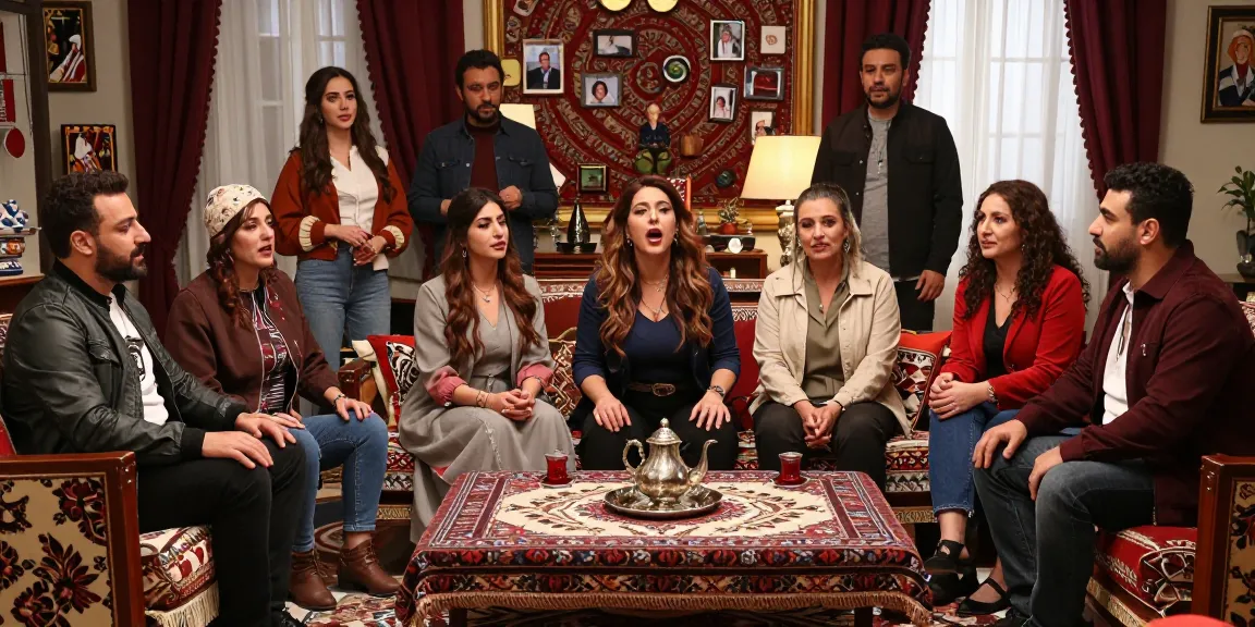 Vivid scene from a مسلسلات تركية, capturing actors in an emotional performance setting with rich decor and warm lighting.