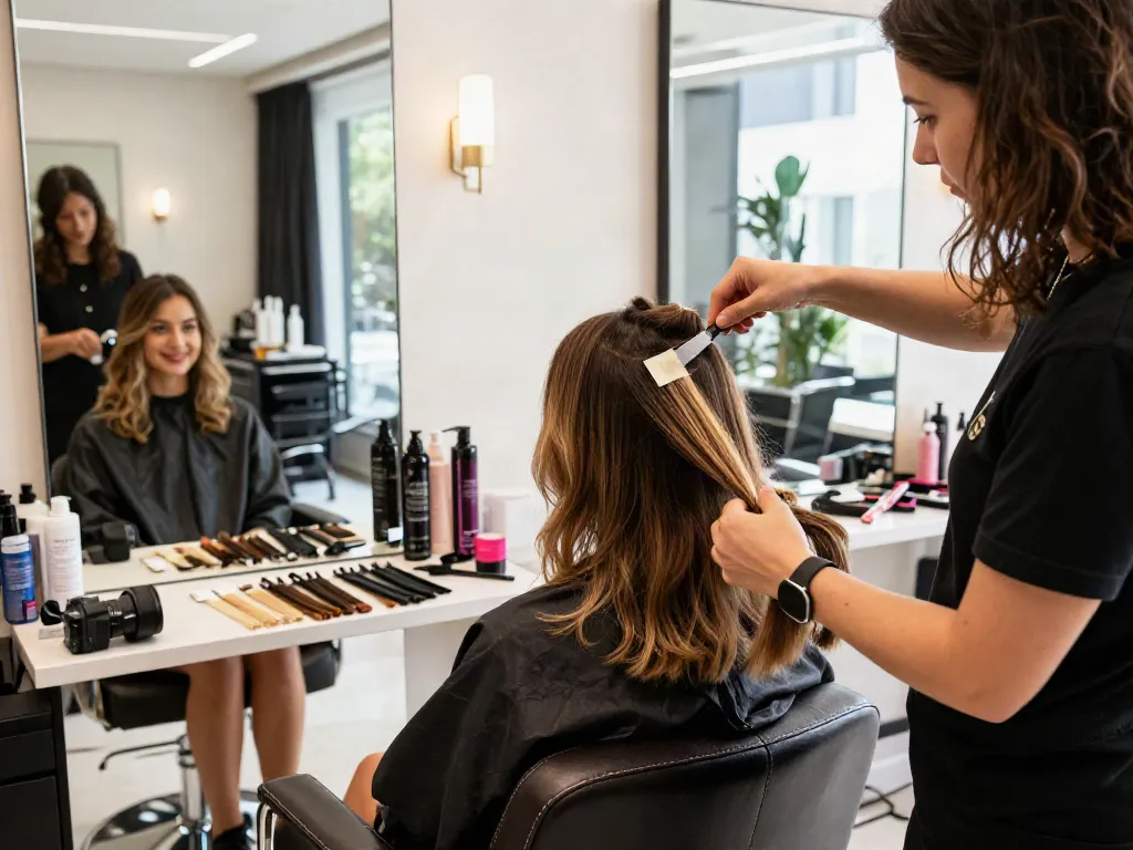 Applying invisible tape in hair extensions human hair for a seamless blend in a bright salon.