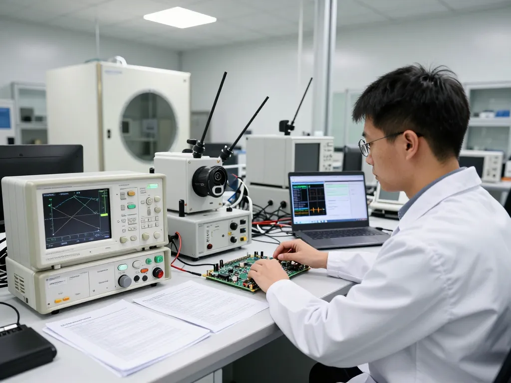 EMC testing laboratory engineer conducting RF tests for declaration of conformity compliance.
