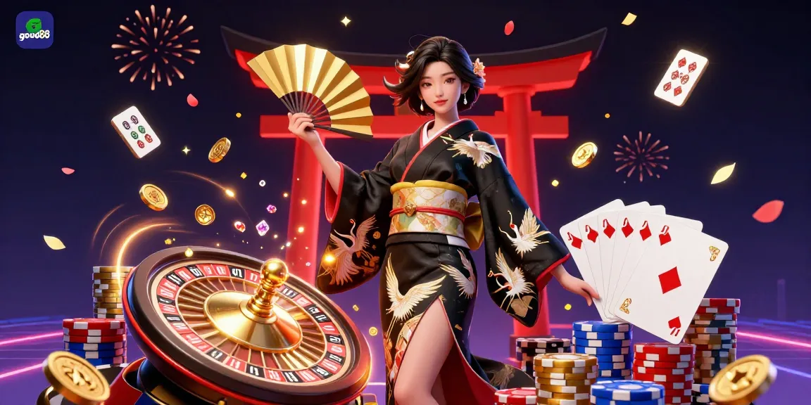 Experience the excitement at good88 with a stunning 3D illustration featuring casino games and vibrant characters.