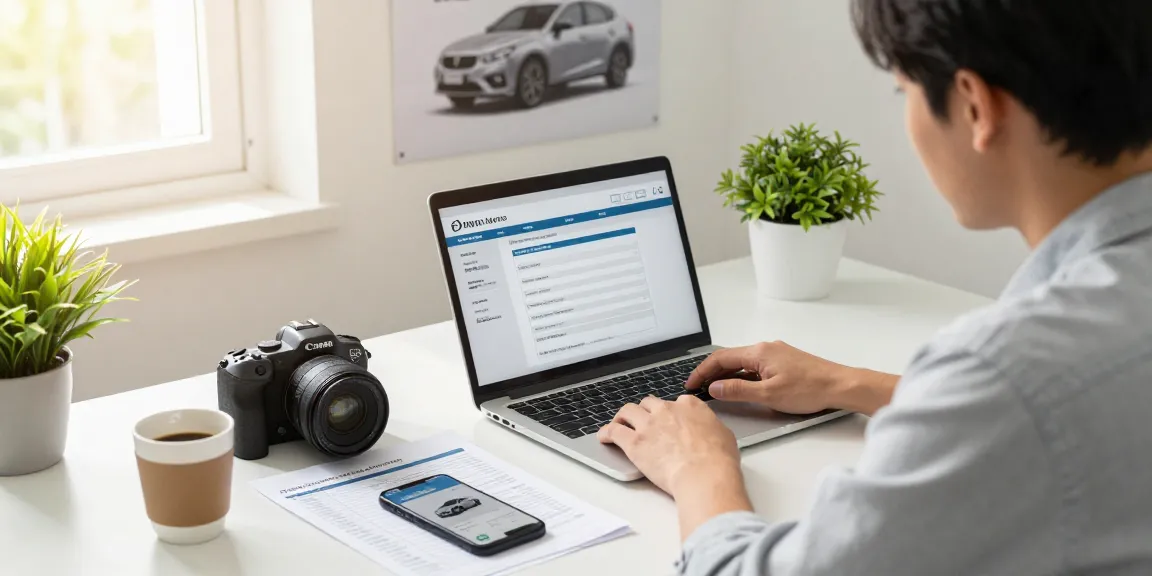 A car buyer performing a reg check UK on a laptop surrounded by vehicle history reports, symbolizing smart car purchasing decisions.