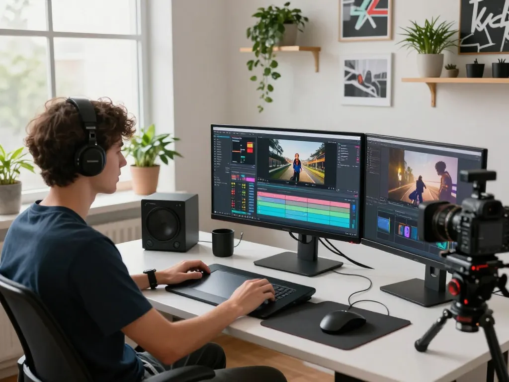 Kling motion software interface displayed on a digital workstation as a creator edits AI-generated videos in a focused tech studio environment.