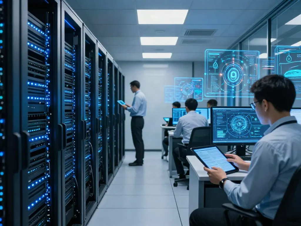 Network configuration review in a modern data center with advanced cybersecurity systems and cloud infrastructure.