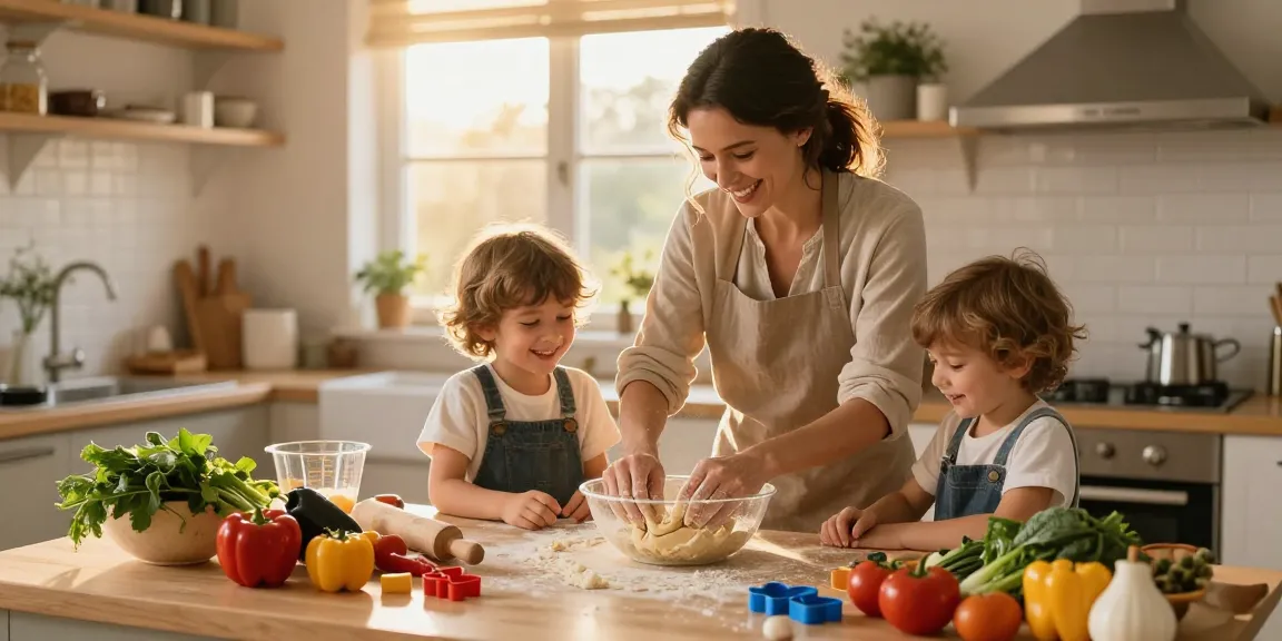 Family cooking together at thestorybookstomach.com with fresh ingredients and joy.