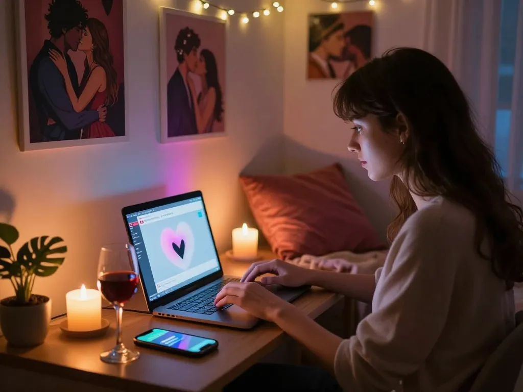 Engaging scene of a user enjoying a porn chat AI interaction in a cozy, ambient setting.