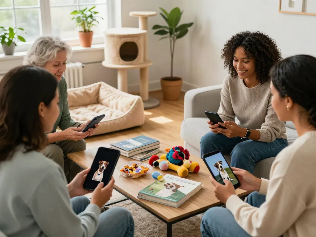 Community of pet lovers discussing pet care tips and sharing pictures in a relaxed indoor setting, highlighting rokok88 super.