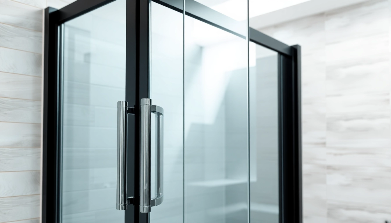 View of a stylish black shower door emphasizing its sleek design and modern elegance.