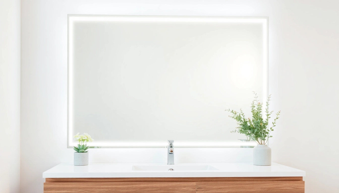 Reflective mirror and LED lights in a modern bathroom setting, enhancing elegance and brightness.