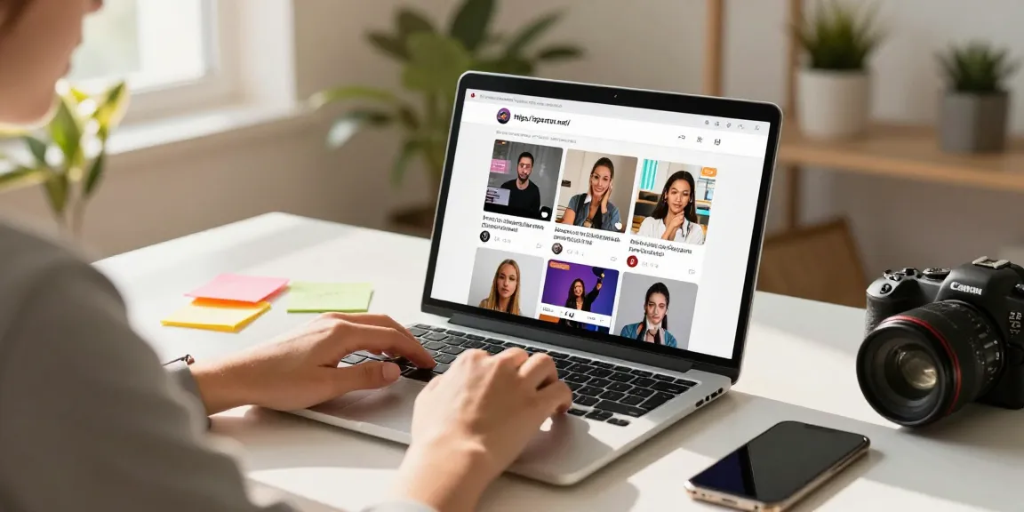 Person using https://spector.net/ to download Instagram media in a bright home office.