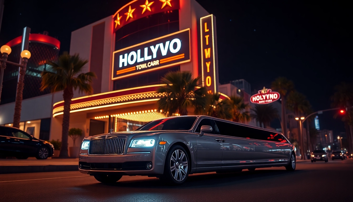 Hollywood Town Car and Limousine parked at a glamorous LA venue, showcasing luxury and elegance.