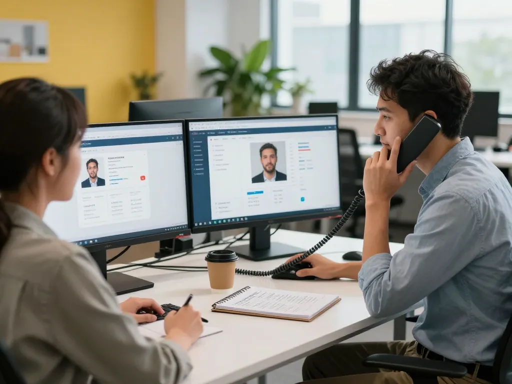 AI phone screening session in a modern office with a recruiter engaging with candidates over the phone, showcasing a professional environment.