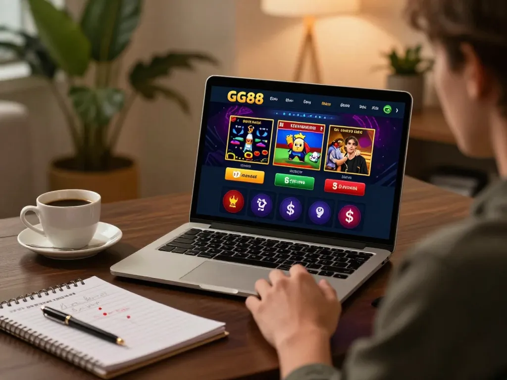 Engaging in exciting GG88 online casino gaming at a cozy desk, showcasing strategy and comfort.