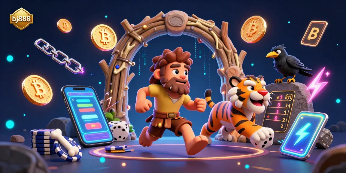 Experience the thrill of bj888 at a prehistoric casino with cartoon characters and crypto elements.