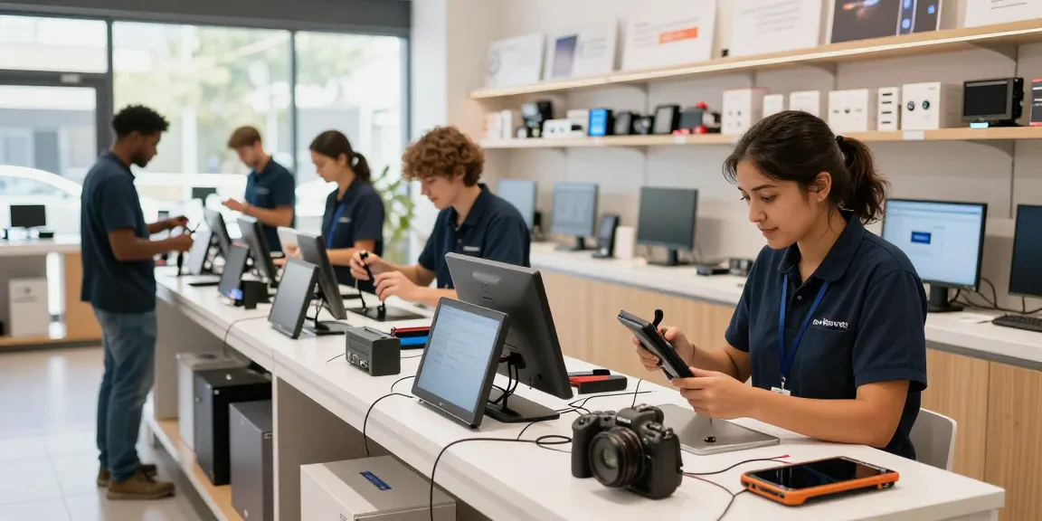 Technicians engaged in Retail Repairs of electronic devices and store equipment in a bright, modern environment.