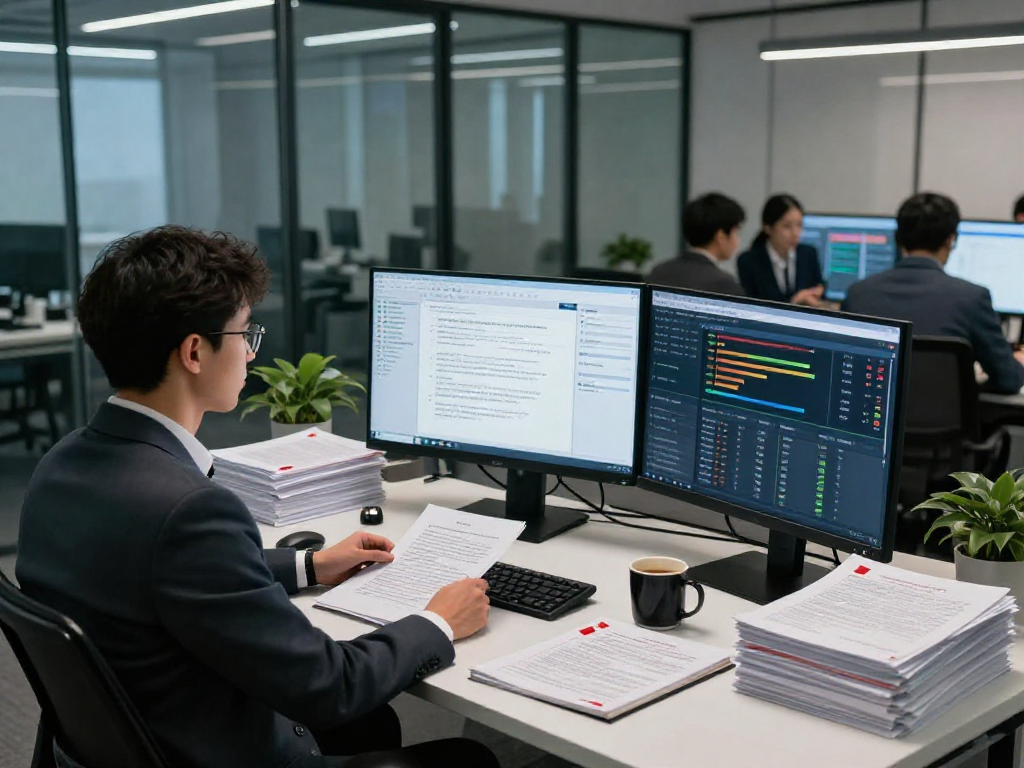 Data analyst performing document fraud detection analysis with advanced software in a modern office.