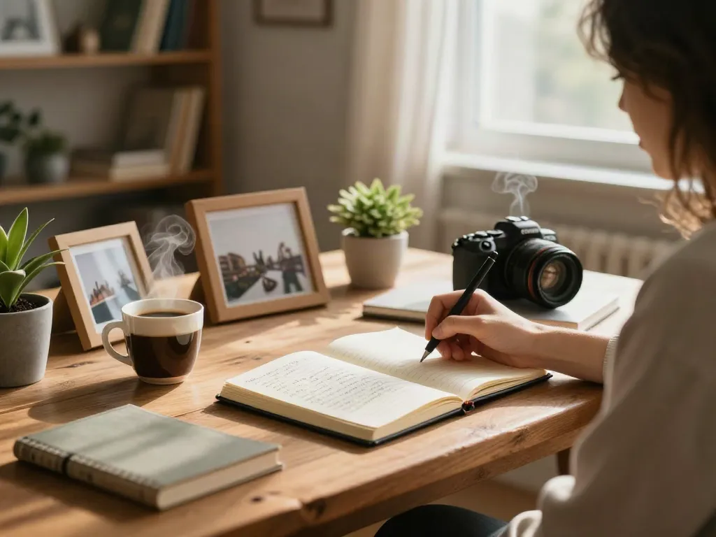 Creating a personal digital footprint by journaling daily experiences in serene home office.