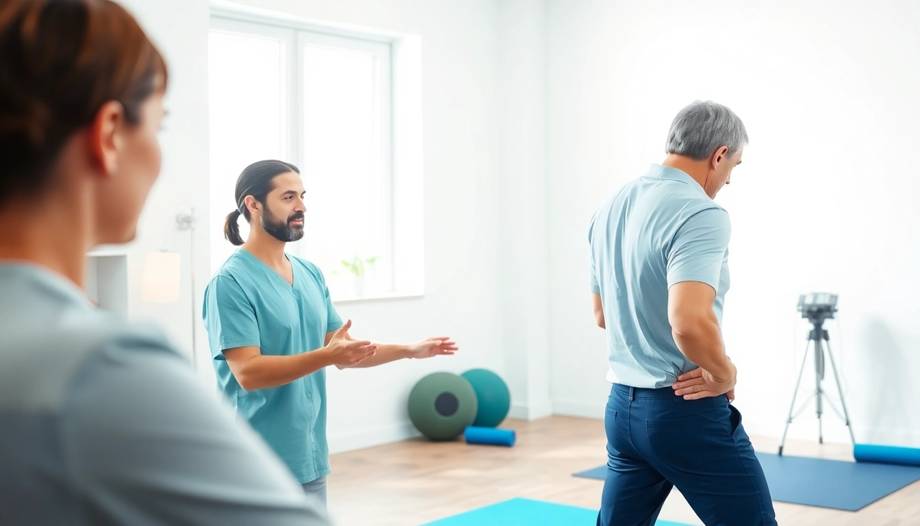 Showing professional exercises addressing back pain causes in a relaxed clinic atmosphere.