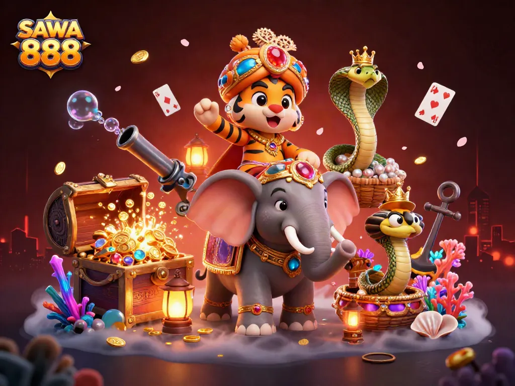 Uncover SAWA 888's unique casino offerings with a vibrant, richly detailed illustration showcasing excitement.