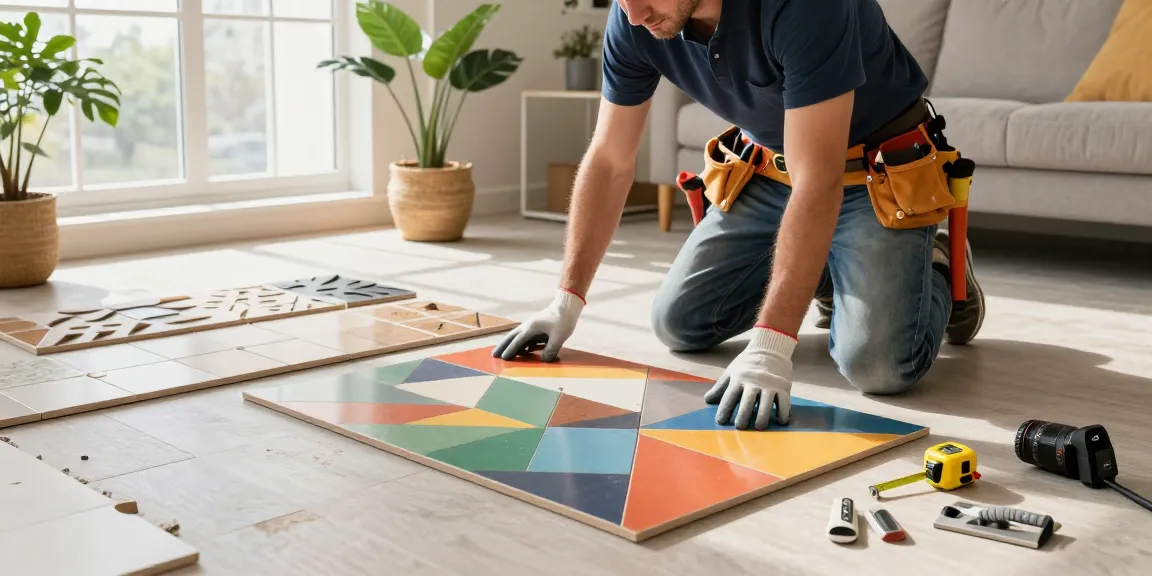 Contractor installing interlock tiles in a modern living room with colorful tile designs and tools visible.