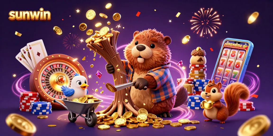 Experience thrilling wins with sunwin as the jubilant beaver chops a coin-drenched tree amid vibrant casino elements.