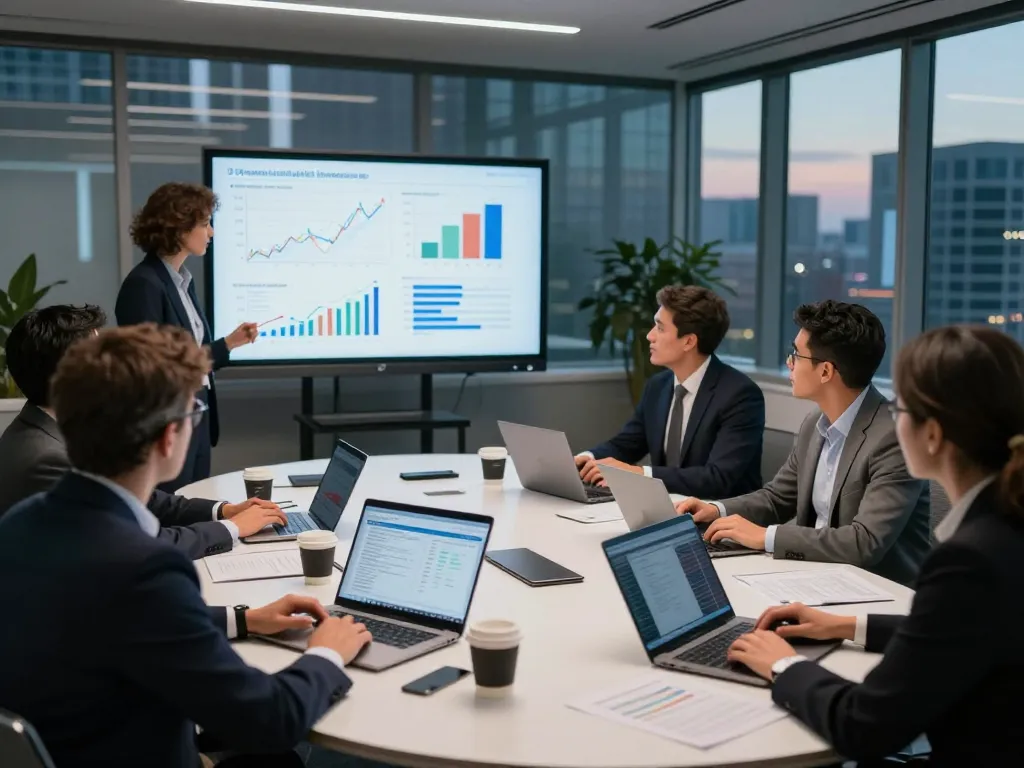 Global investment group team meeting with diverse analysts discussing financial strategies.
