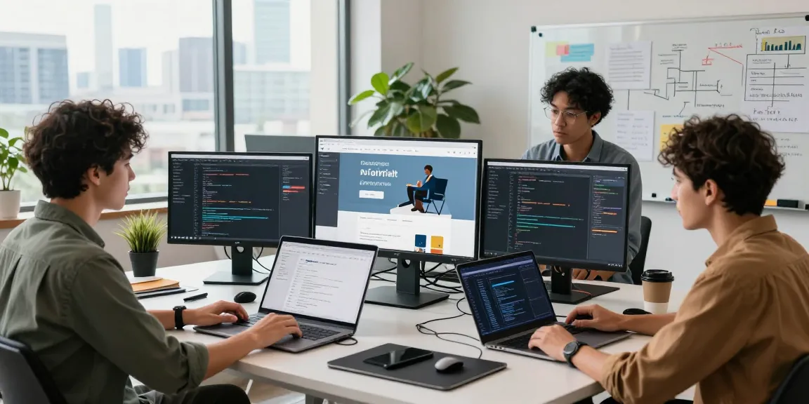 Web developer in Gorakhpur collaborating in a modern workspace with dynamic designs and coding.
