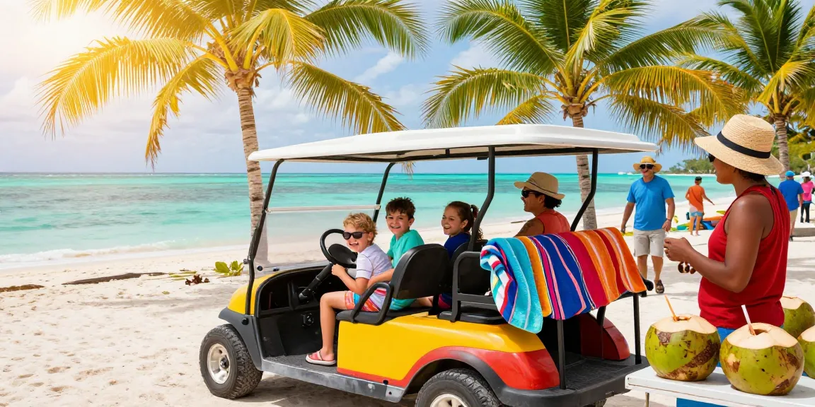 Family enjoying San Pedro golf cart rental on Ambergris Caye beach with tropical scenery.